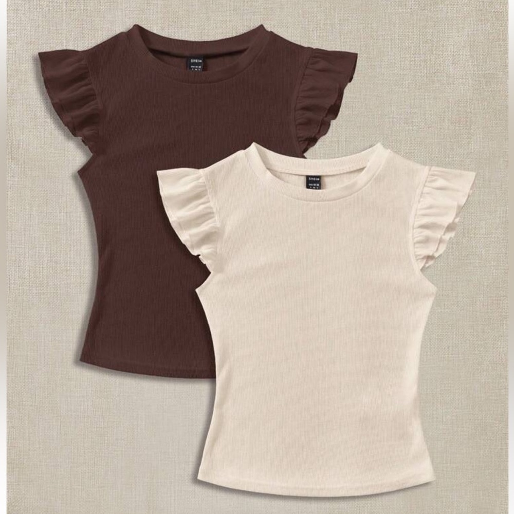 2pcs ribbed fabric round neck cap sleeve fitted t-shirt set